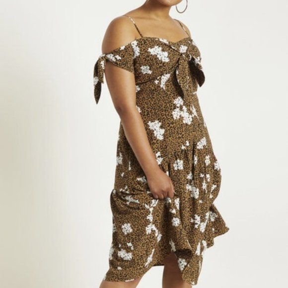 Eloquii Dresses & Skirts - Eloquii | Leopard Floral Cold Shoulder Tie Drop Waist Cheetah Print Dress 16